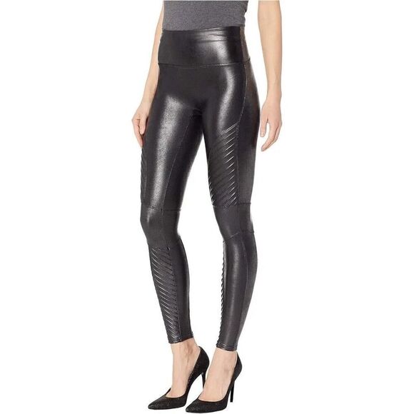 Spanx Black Faux Leather Moto Legging Stretch EUC Compression Size Small - Picture 2 of 7